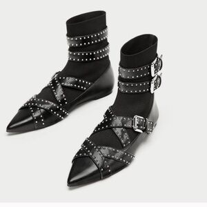 ZARA STUDDED BUCKLE FLAT SOCK BLACK POINTED ANKLE BOOTS NEW WITH TAGS US 6.5